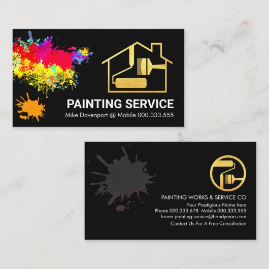 絵を描(ばちゃばちゃ)跳ねる金ゴールドホームブラシペインター 名刺 (正面/裏面)
