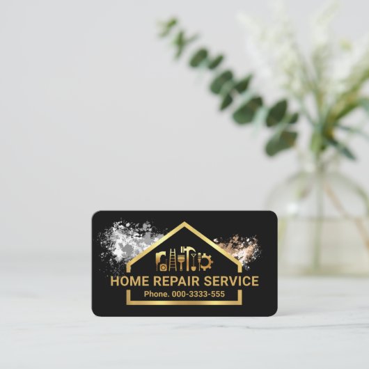 絵を描（ばちゃばちゃ）跳ねる金ゴールド建物ツール枠 名刺 (スタンド正面)