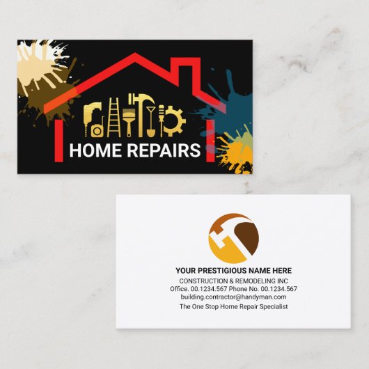 絵を描(ばちゃばちゃ)跳ねる金ゴールド手書きツール建物 名刺 (正面/裏面)