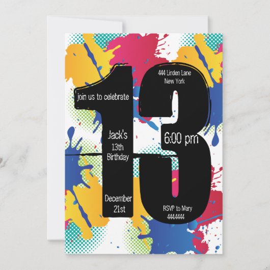 絵を描(ばちゃばちゃ)跳ねる13番目の誕生日 招待状 (正面)