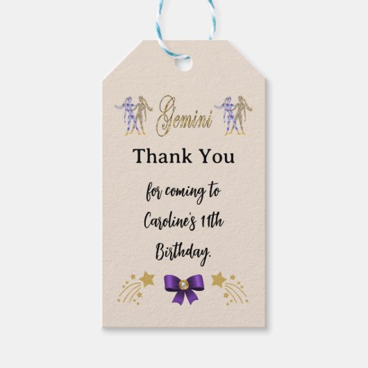 絵を描〔占星術の〕十二宮図標識金ゴールドグリッタージェミニ誕生日 ギフトタグ (正面)