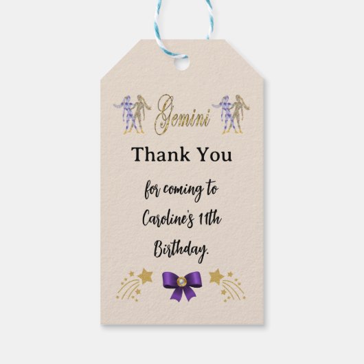 絵を描〔占星術の〕十二宮図標識金ゴールドグリッタージェミニ誕生日 ギフトタグ (裏面)