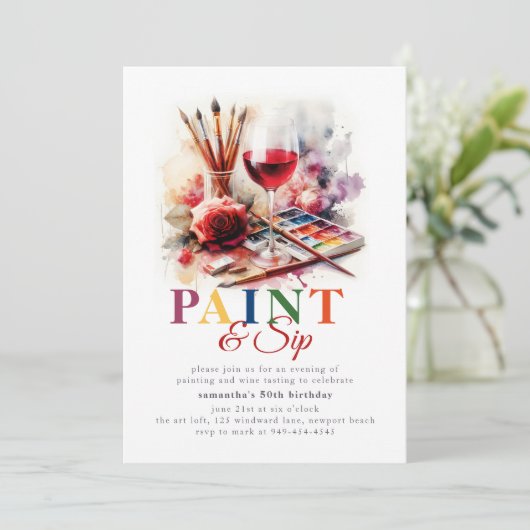 絵を描Wine Artの絵を描パーティー50誕生日 招待状 (スタンド正面)