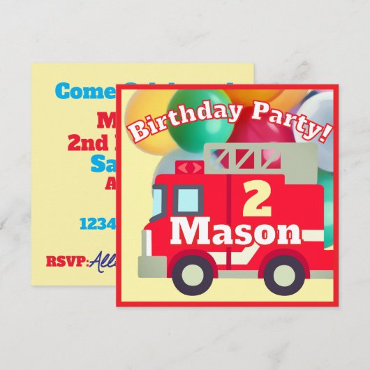 絵文字の消防車の誕生日パーティー 招待状 (正面/裏面)