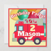 絵文字の消防車の誕生日パーティー 招待状 (正面)
