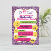 絵文字ガールズトゥイーン10代の誕生日パープルグリッター 招待状 (スタンド正面)