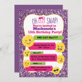 絵文字ガールズトゥイーン10代の誕生日パープルグリッター 招待状