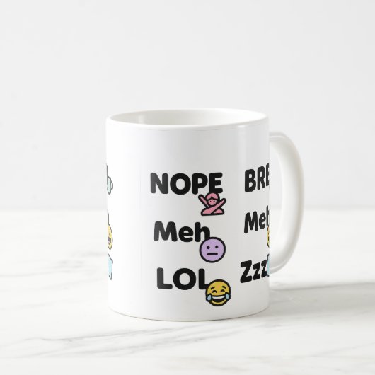 絵文字スラングおもしろいマグ – Nope Meh LOL BRB Zzz コーヒーマグカップ (正面右)