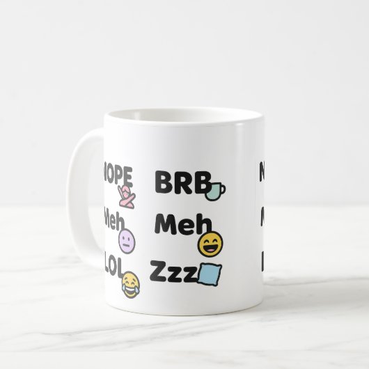 絵文字スラングおもしろいマグ – Nope Meh LOL BRB Zzz コーヒーマグカップ (正面左)