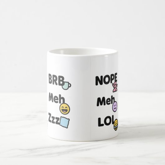 絵文字スラングおもしろいマグ – Nope Meh LOL BRB Zzz コーヒーマグカップ (中央)