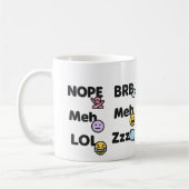 絵文字スラングおもしろいマグ – Nope Meh LOL BRB Zzz コーヒーマグカップ (左)