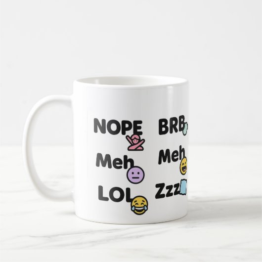 絵文字スラングおもしろいマグ – Nope Meh LOL BRB Zzz コーヒーマグカップ (左)