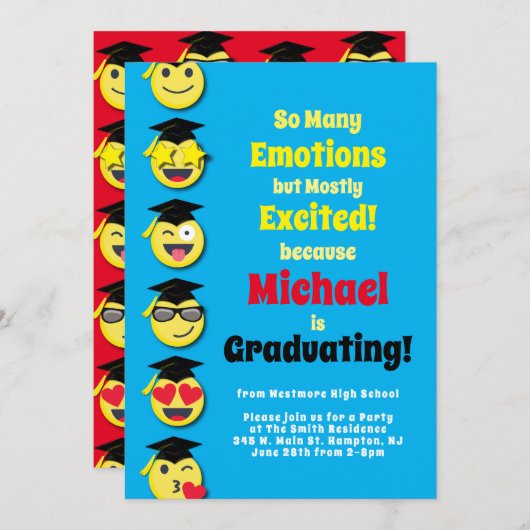 絵文字ハッピーキュート卒業パーティー招待状 招待状 (正面/裏面)