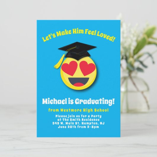 絵文字ハートアイズ顔かわいい卒業パーティー 招待状 (スタンド正面)