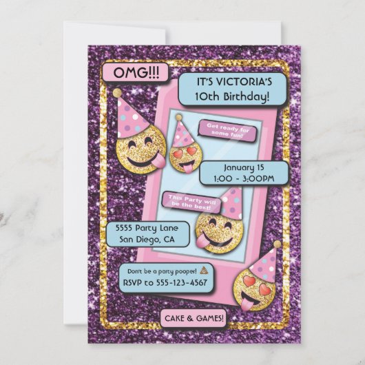 絵文字バースデーパーティー携帯電話文字招待 招待状 (正面)