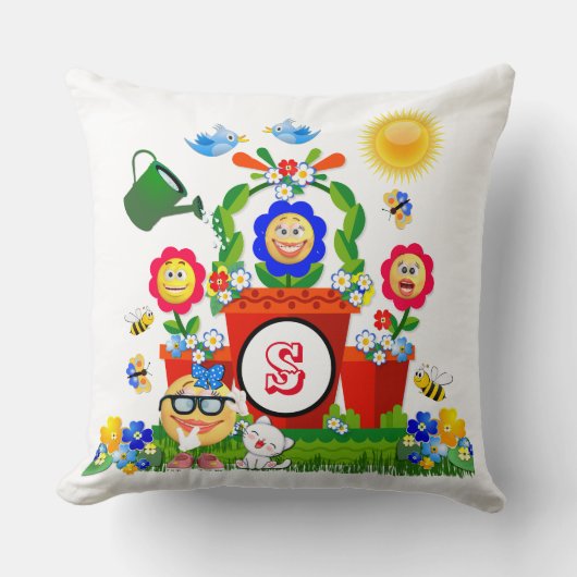 絵文字パーソナライズされたカラフルフラワーシーンキッズ クッション (正面)