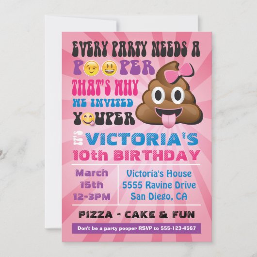 絵文字パーティーポーパーガール誕生会招待状 招待状 (正面)