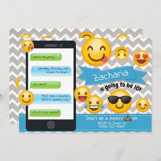 絵文字パーティー誕生日招待状ブルーボーイズ 招待状 (正面/裏面)