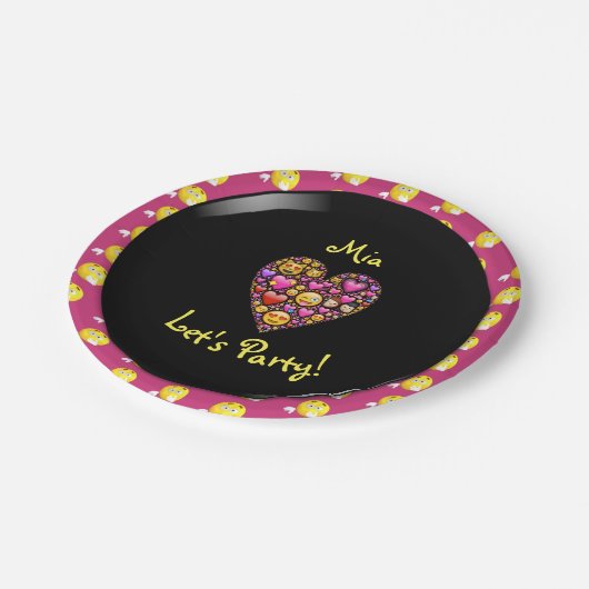 絵文字ピンクブラックガールズラブ絵文字パーティー ペーパープレート (アングル)