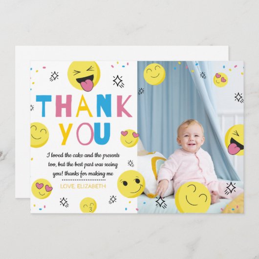 絵文字ファーストバースデーパーティー写真サンキューカード 招待状 (正面/裏面)