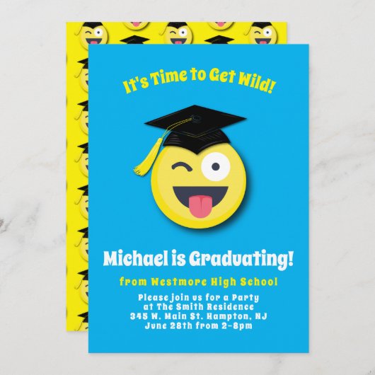 絵文字ワイルド顔かわいい卒業パーティー 招待状 (正面/裏面)