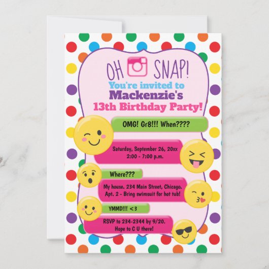 絵文字数々のメールや文字を打つカラーガール誕生日10代の 招待状 (正面)