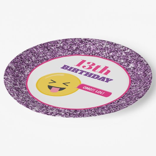 絵文字10代の誕生日パープルグリッター紙プレート ペーパープレート (アングル)