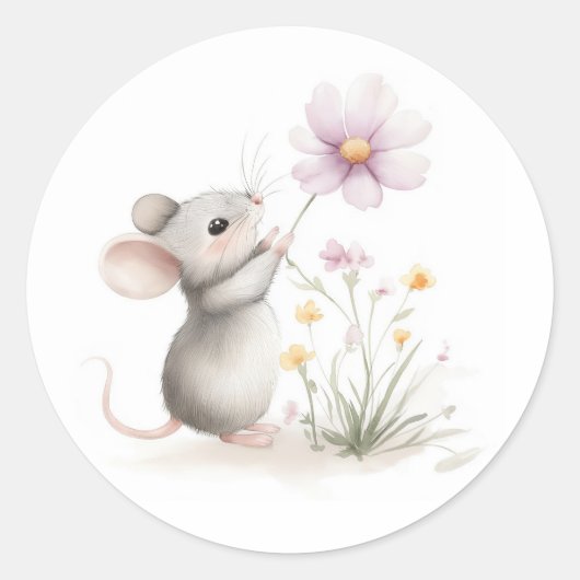 絵本のねずみがピンクの野の花を摘む ラウンドシール (正面)