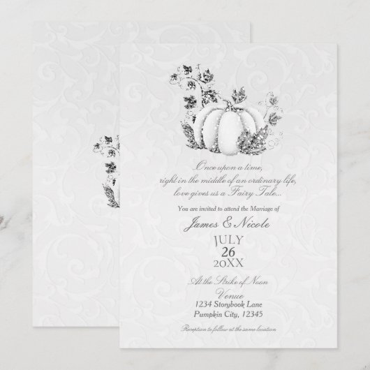 絵本のようなシルバー ホワイト かぼちゃのフェアリー テイル ウェディング 招待状 (正面/裏面)