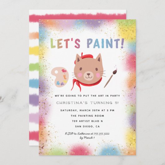 絵画のアートパーティー子供の誕生日キティキャット 招待状 (正面/裏面)