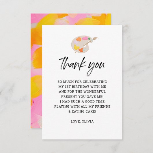 絵画のパーティーの最初の誕生日パーティー サンキューカード (正面/裏面)
