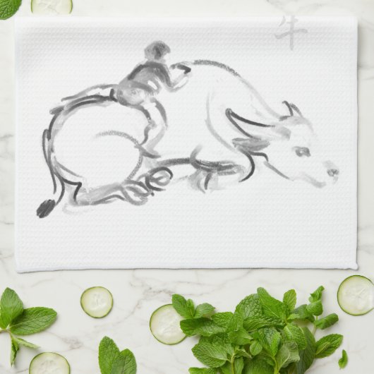 絵画の子ども水牛中国の牛新年K キッチンタオル (折り畳み)