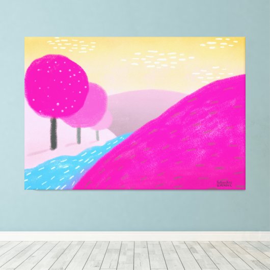 絵画の鮮やかなピンクのヒルズ川オリジナルアート キャンバスプリント (インサイチュ (ウッドフロア))