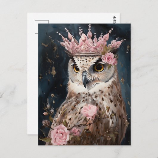 絵画冠とピンクのバラを持つフクロウの ポストカード (正面/裏面)