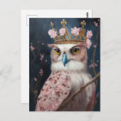 絵画冠とピンクの花模様を持つフクロウの ポストカード (正面/裏面)