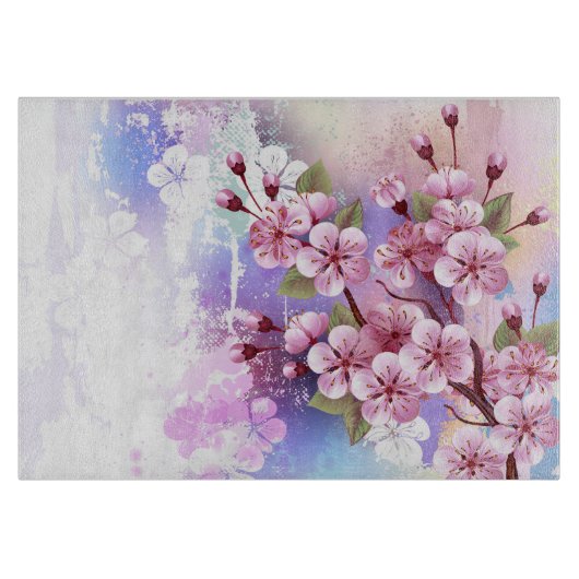 絵画風の背景に桜の花 カッティングボード (正面)