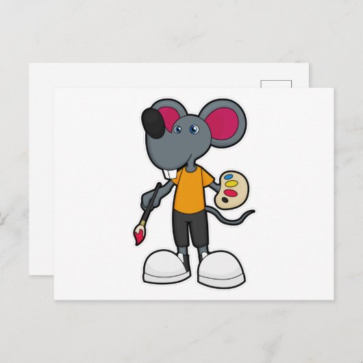 絵筆と絵の具を持つ画家ネズミ ポストカード (正面/裏面)