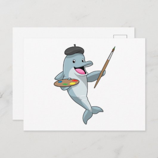 絵筆と色彩を持つ画家としてのイルカ ポストカード (正面/裏面)