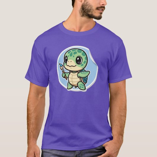 絵筆を持つかわいいウミガメ カワイイ アーティスト 動物 Tシャツ (正面)
