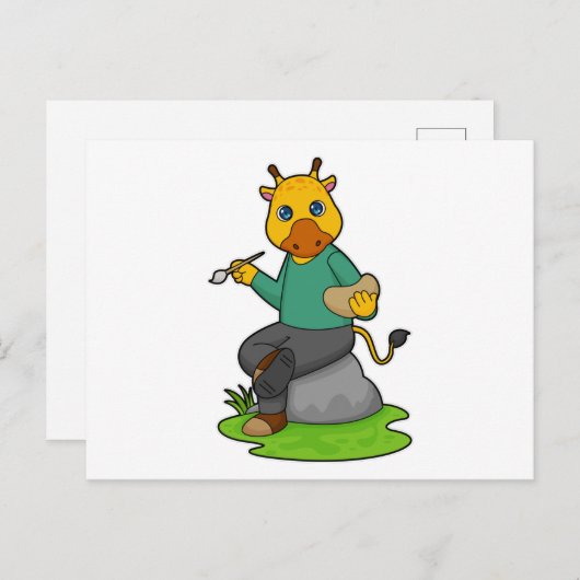 絵筆を持つ画家としてのキリン ポストカード (正面/裏面)