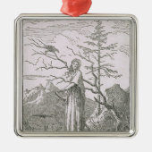 絶壁の端にワタリガラスを持つ女性、 メタルオーナメント (正面)