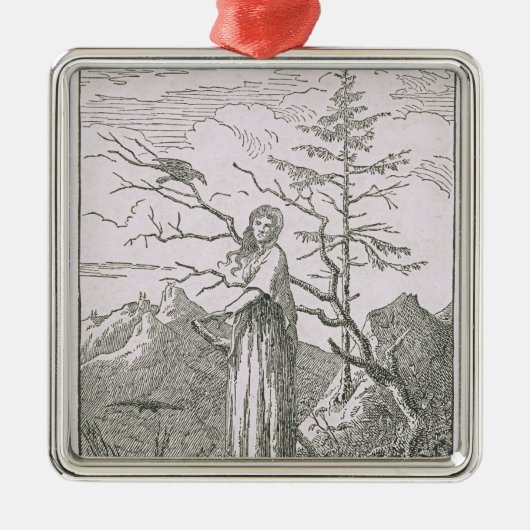 絶壁の端にワタリガラスを持つ女性、 メタルオーナメント (正面)