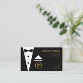 絶妙でモダンなスーツの弓タイのプロフェッショナルの執事 名刺 (スタンド正面)