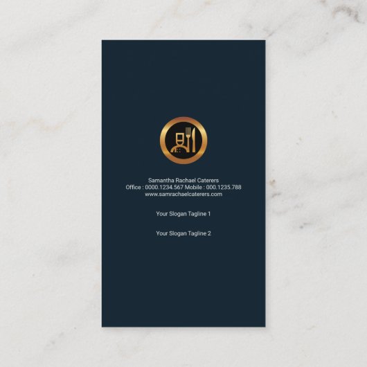 絶妙で青いスーツの金ゴールドのウェイターの食事用器具類 名刺 (裏面)