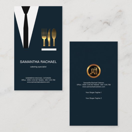 絶妙で青いスーツの金ゴールドのウェイターの食事用器具類 名刺 (正面/裏面)