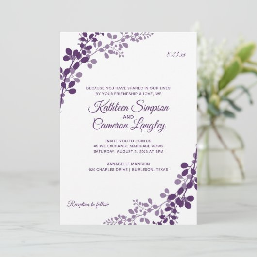 絶妙なつる植物結婚式招待状 – プラム/紫 招待状 (スタンド正面)