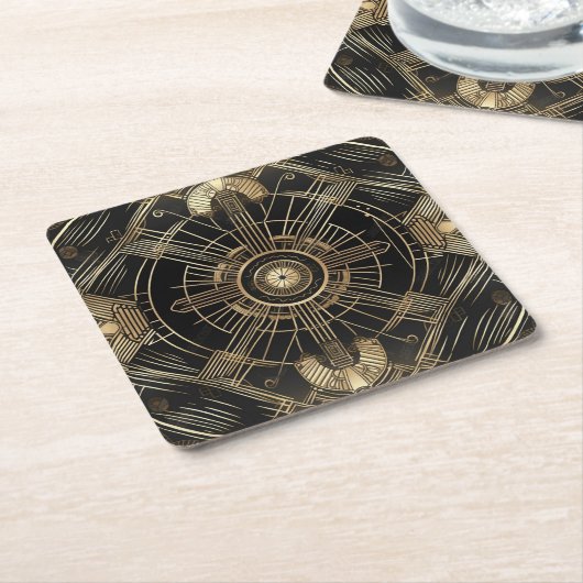 絶妙なアールデコ紙コースター – ブラックと金ゴールド スクエアペーパーコースター (アングル)