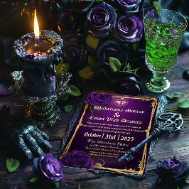 絶妙なゴシックパープル&金ゴールドスカルとボーン 箔招待状