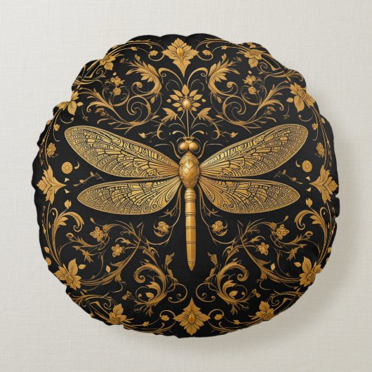 絶妙なゴールデントンボとフローラアート ラウンドクッション (正面)