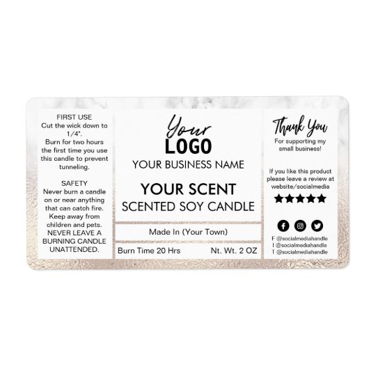 絶妙なバラ金ゴールドと大理石の香り付き大豆キャンドル ラベル (正面)